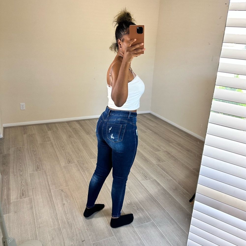 Distressed Wax Dark Blue Denim Skinny Jeans SZ 11/30